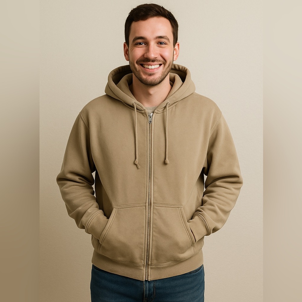 Brandy Melville Oversized Zip-Up Hoodie | Tan Neutral Fleece Lined Sweatshirt